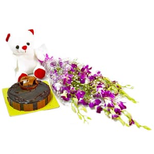 Bouquet of Orchids with Chocolate Cake n Teddy
